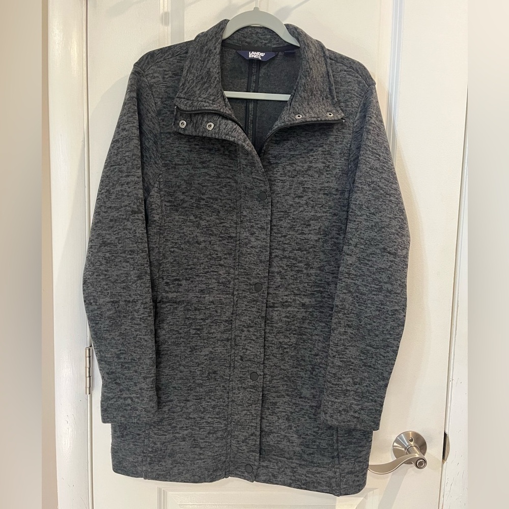 Lands’ End Knit Fleece Mid-Length Sweater Jacket Sz M Heathered Gray